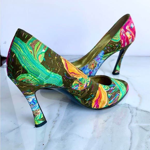 CHARLES JOURDAN PARIS FRANCE 1990s VINTAGE SILK FLORAL HIGH HEELS STUNNING - Picture 9 of 9